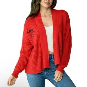 BLUE BLUSH Lightweight Open Front Red Cardigan with Black Embroidered Accents